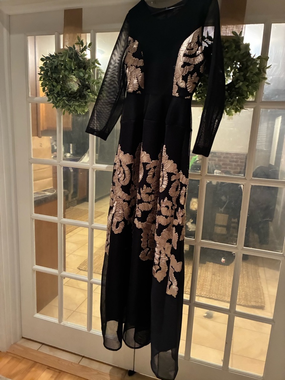 Black Long-Sleeve Evening Dress with Gold Floral Embroidery